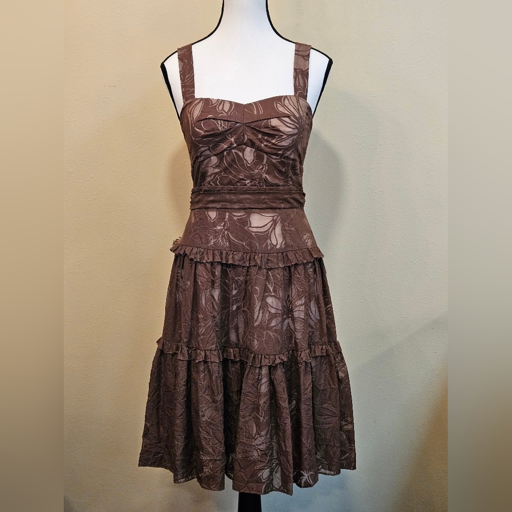 BCBG Paris Dress Fully Lined Brown With White Cotton Lining Floral Y2K Size 4